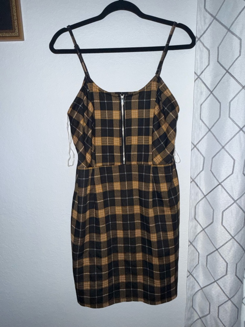 No Boundaries Black and Brown Plaid Spaghetti Strap Mini Dress with Front Zip